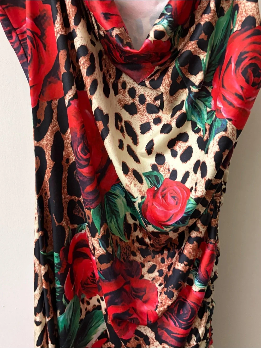 SHEIN Red Rose & Leopard Print Cowl Slip Dress
